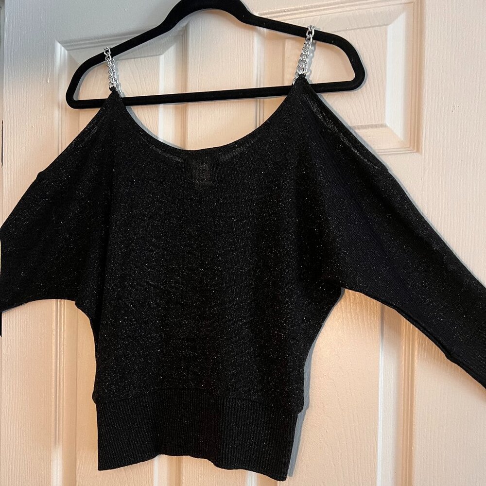 Mingle Black Open Shoulder Sweater with Silver Chain Accents, one size-all